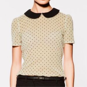 Zara Peter Pan Collar Sheer Polka Dot Top in Cream and Black Small